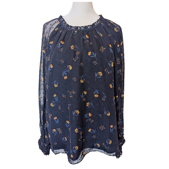 Draper James Blue Floral Chiffon Keyhole Blouse Large - Picture 2 of 5